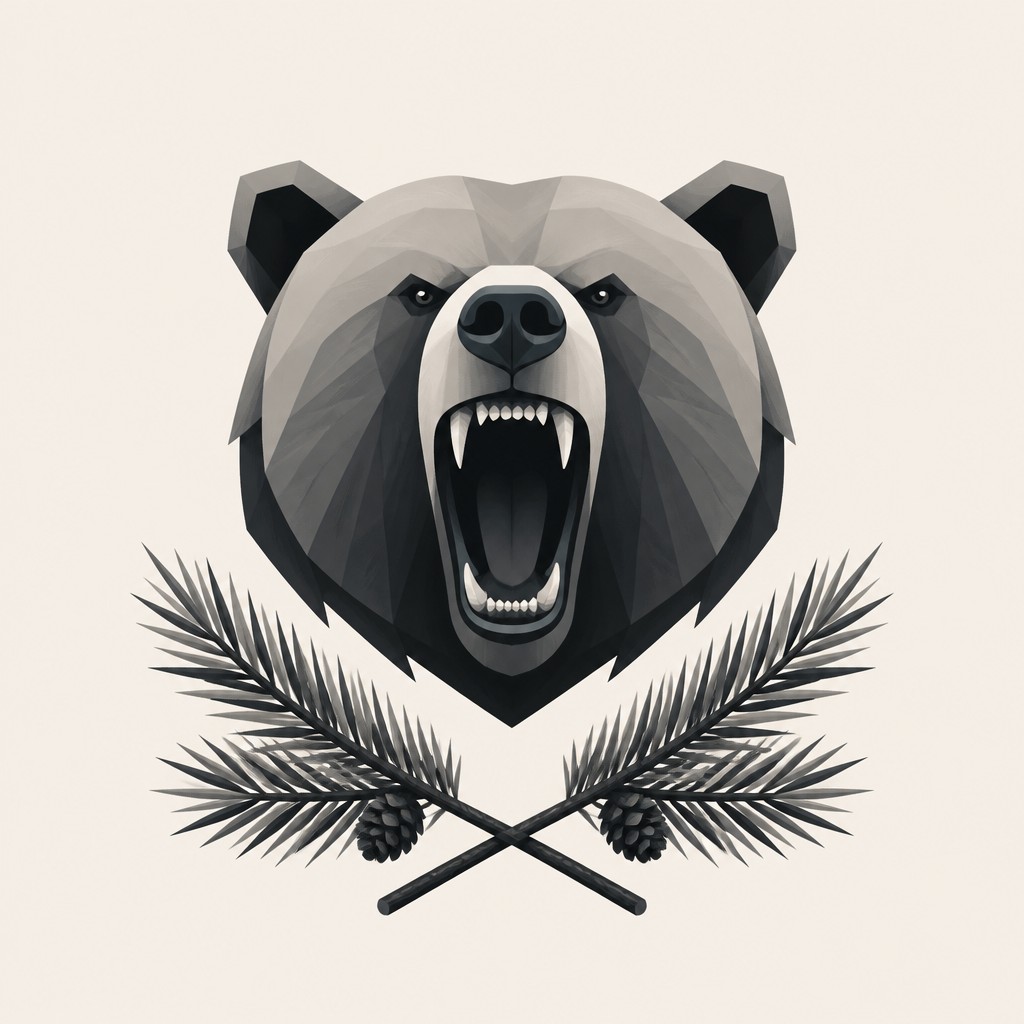 a roaring bear head above crossed pine branches, bold graphic composition on a plain background, no text — Modern Minimalist Furniture Art t-shirt design