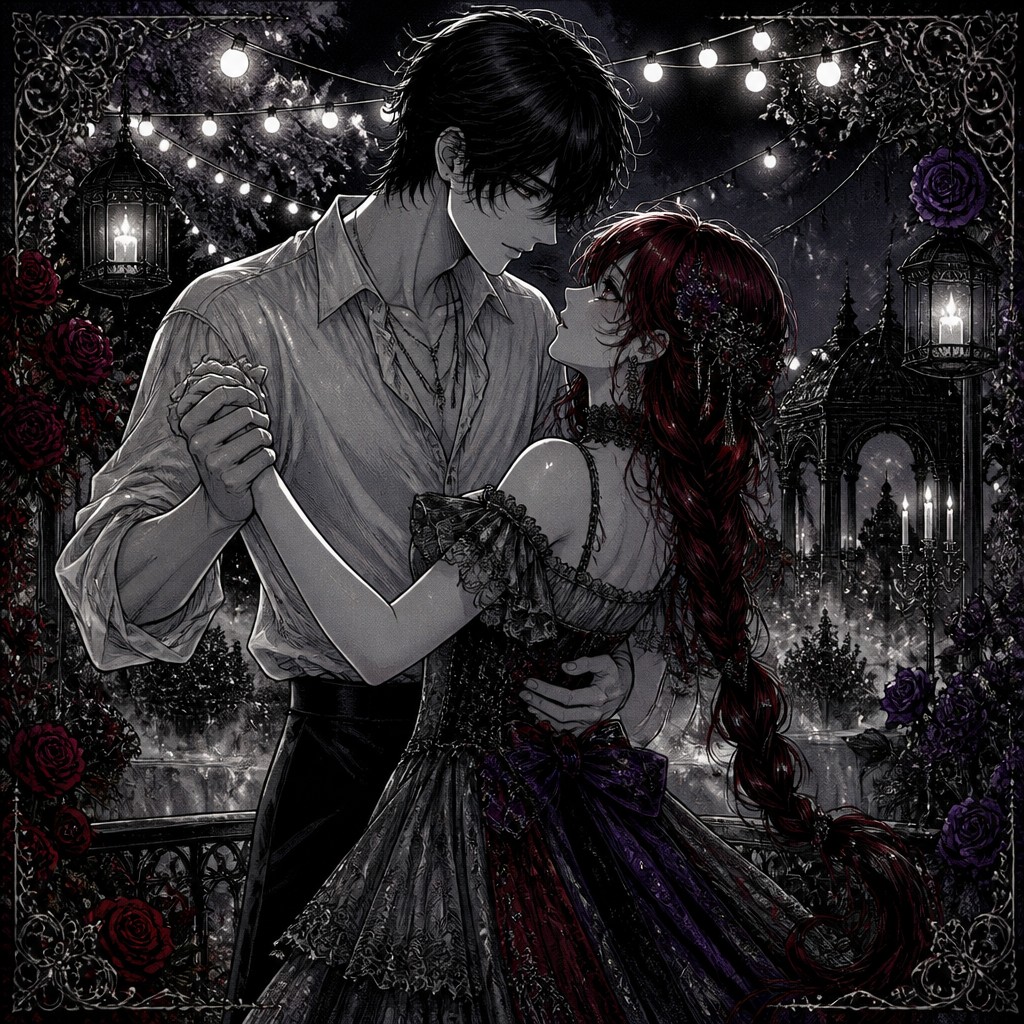 an original couple dancing under string lights in a garden at dusk: a man with short black hair in a linen shirt and a woman with braided red hair in a summer dress — Dark Gothic Anime Art Style couple portrait