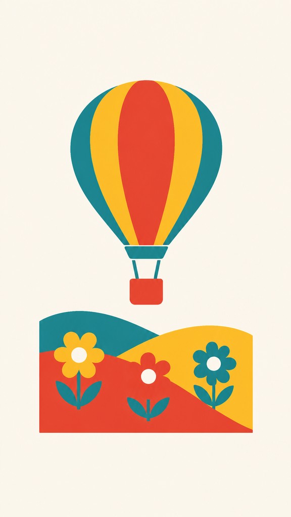 a hot air balloon drifting over rolling flower fields on a sunny day, cheerful, no text — Flat Icon Design greeting card