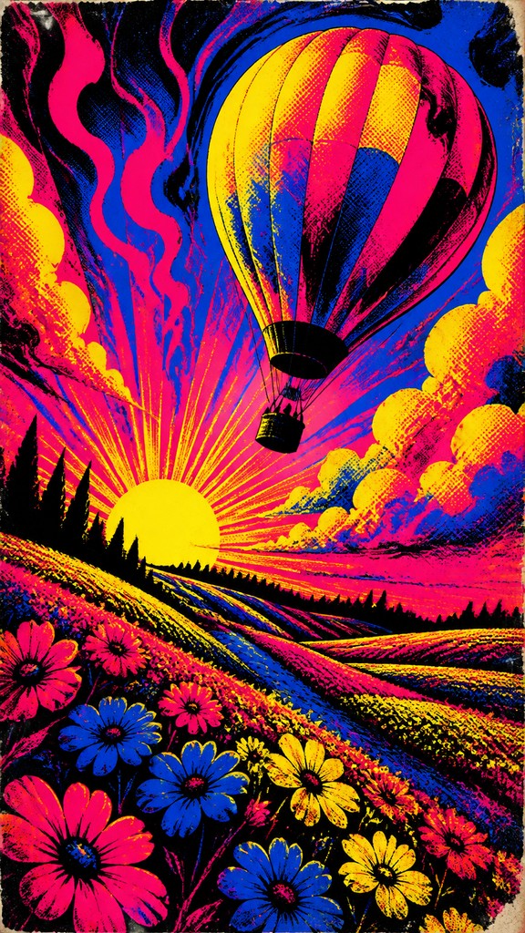 a hot air balloon drifting over rolling flower fields on a sunny day, cheerful, no text — Concert Poster Design greeting card