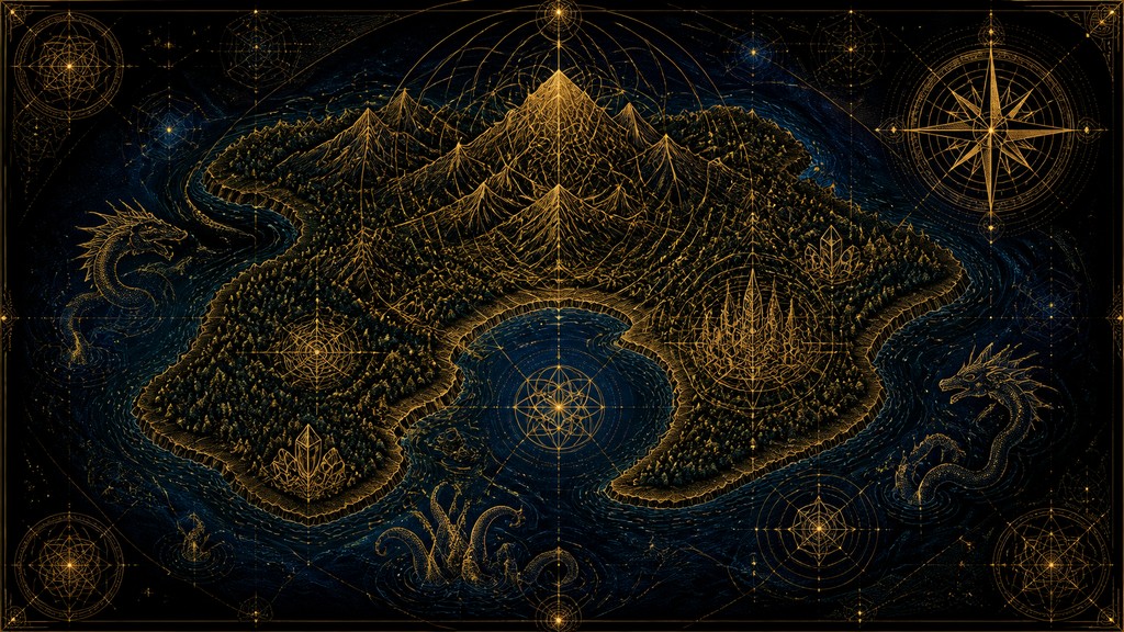 a map of an island realm with mountains, forests, a sheltered bay, sea monsters in the water and a compass rose, no text labels — Sacred Geometric Art fantasy map