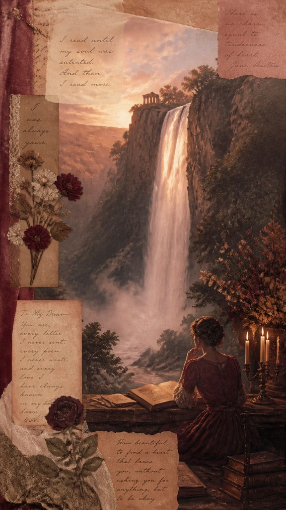 towering waterfall cascading down a cliff — Romantic Academia Aesthetic