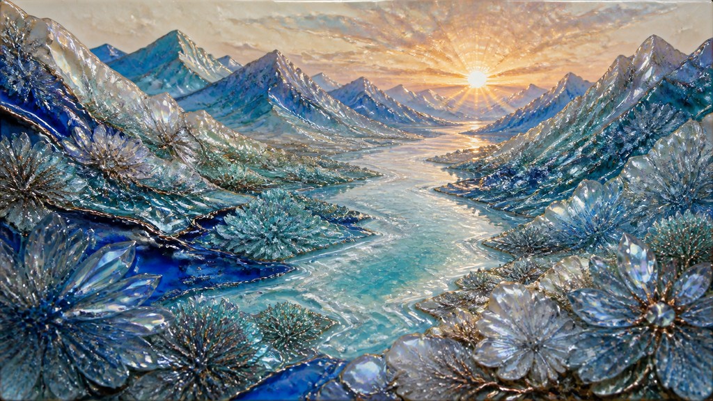 a vast valley with a river winding toward distant mountains at sunrise, no people, no text — Crystalline Glaze Ceramic Art Style desktop wallpaper