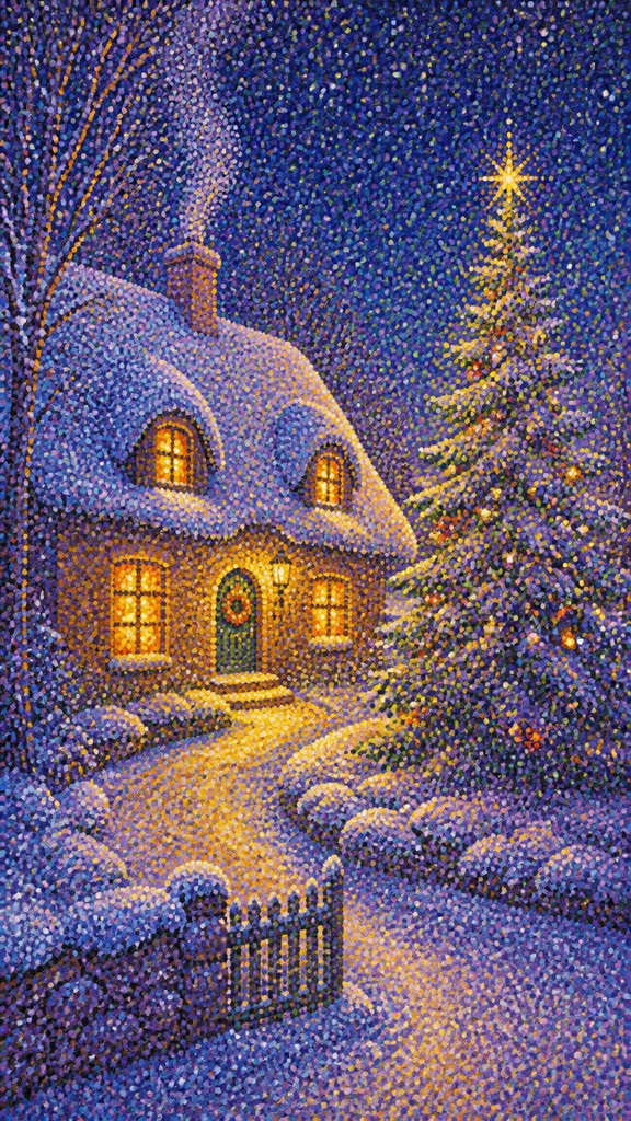 a snow-covered cottage with warm glowing windows beside a decorated pine tree, gentle snowfall, no text — Pointillist Impressionism Art Style Christmas card