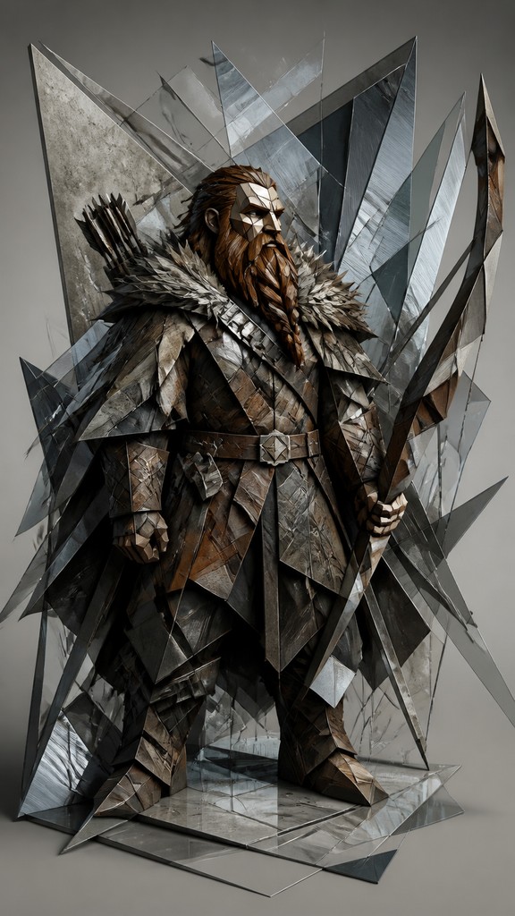 full-body original character: a dwarven ranger with a braided auburn beard, worn leather armor, a longbow and a wolf-pelt cloak, neutral background, no text — Deconstructivist Architecture tabletop character portrait