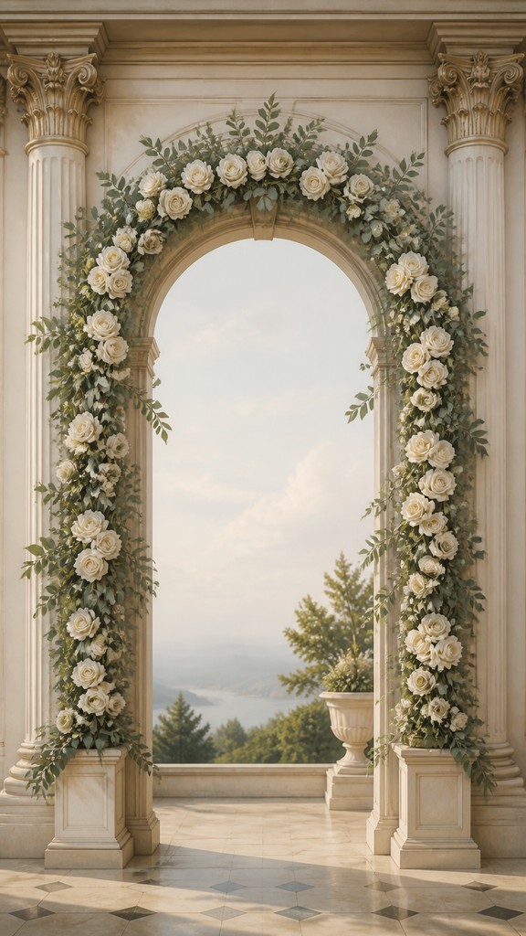 an arch of white roses and eucalyptus in soft morning light, elegant vertical composition with open space, no text — Neoclassical Art Style wedding invitation