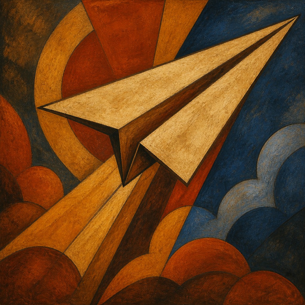 a paper plane, clean minimal composition on a plain background, no text — Mexican Muralism Art Style icon