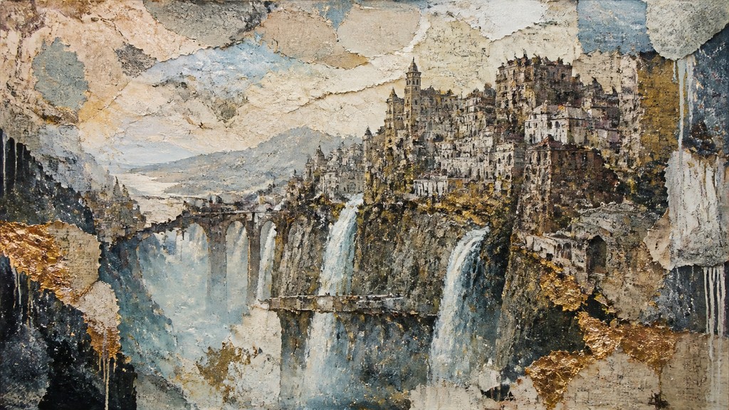 a cliffside city with waterfalls cascading into a misty canyon, wide establishing shot, no people, no text — Mixed Media Portrait Style concept art