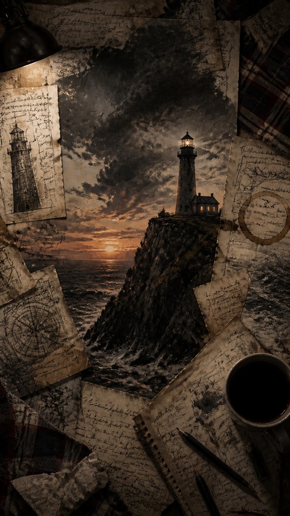 a lone lighthouse on a cliff at dusk under a dramatic sky, no text or lettering — Chaotic Academia Aesthetic poster
