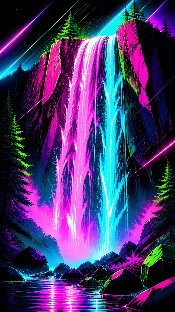 towering waterfall cascading down a cliff — Neon Pop Art Style
