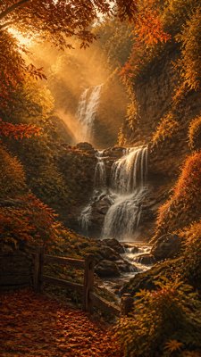 a cascading waterfall in a lush green gorge, no people — Autumncore Aesthetic wallpaper