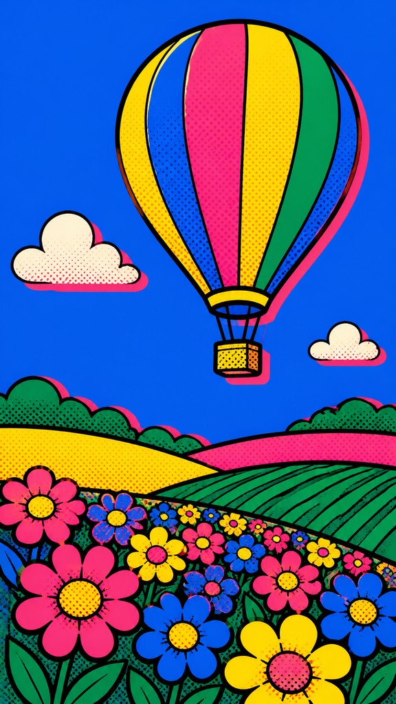 a hot air balloon drifting over rolling flower fields on a sunny day, cheerful, no text — Pop Art Portrait Style greeting card