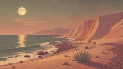 a moonlit coastline with cliffs and crashing surf, no people — Desertwave Aesthetic wallpaper