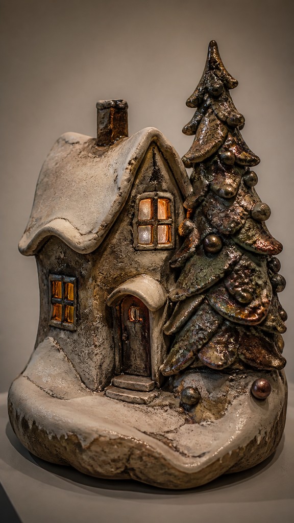 a snow-covered cottage with warm glowing windows beside a decorated pine tree, gentle snowfall, no text — Contemporary Sculptural Ceramic Art Style Christmas card