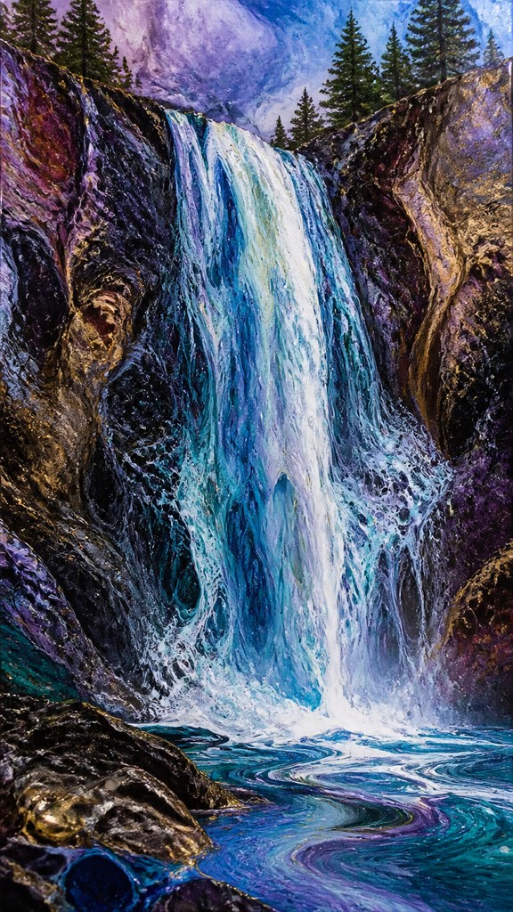 towering waterfall cascading down a cliff — Fluid Abstract Art Style