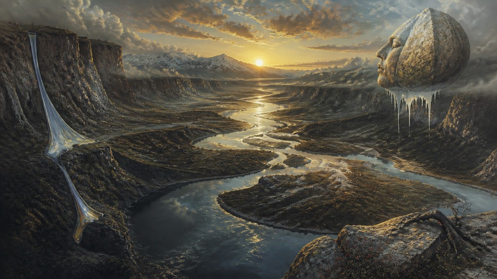 a vast valley with a river winding toward distant mountains at sunrise, no people, no text — Surrealism Art Style desktop wallpaper