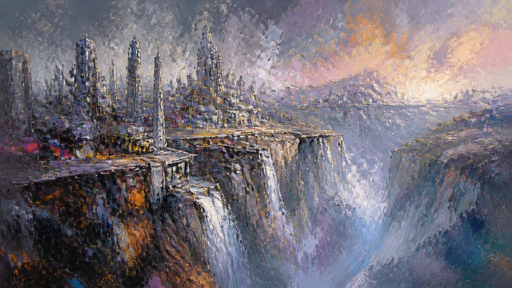 a cliffside city with waterfalls cascading into a misty canyon, wide establishing shot, no people, no text — Urban Impressionism Art Style concept art