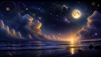 a panoramic ocean horizon with towering clouds at golden hour, no people — Celestial Aesthetic wallpaper