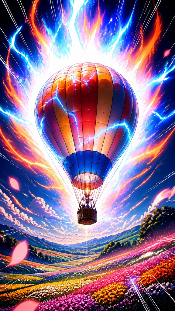 a hot air balloon drifting over rolling flower fields on a sunny day, cheerful, no text — Shounen Power-Up Aura Portrait greeting card