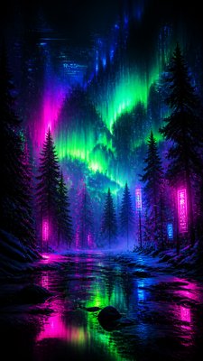 a snowy pine forest under the northern lights, no people — Cyberpunk Art Style wallpaper