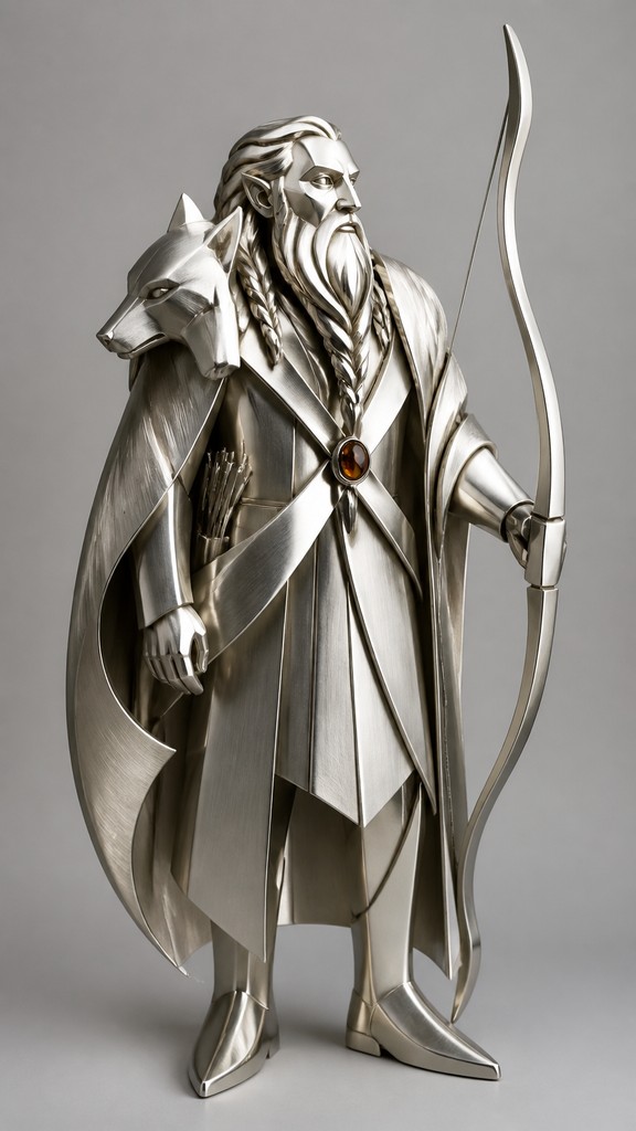 full-body original character: a dwarven ranger with a braided auburn beard, worn leather armor, a longbow and a wolf-pelt cloak, neutral background, no text — Modernist Silver Jewelry Design tabletop character portrait