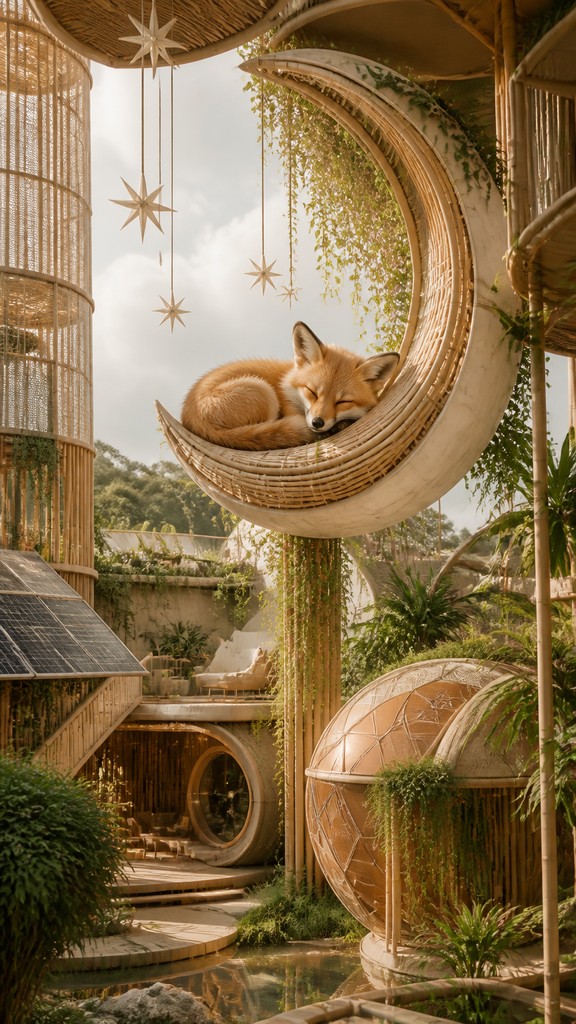 a sleeping baby fox curled on a crescent moon among soft stars, gentle and warm, no text — Sustainable Architecture Art baby announcement