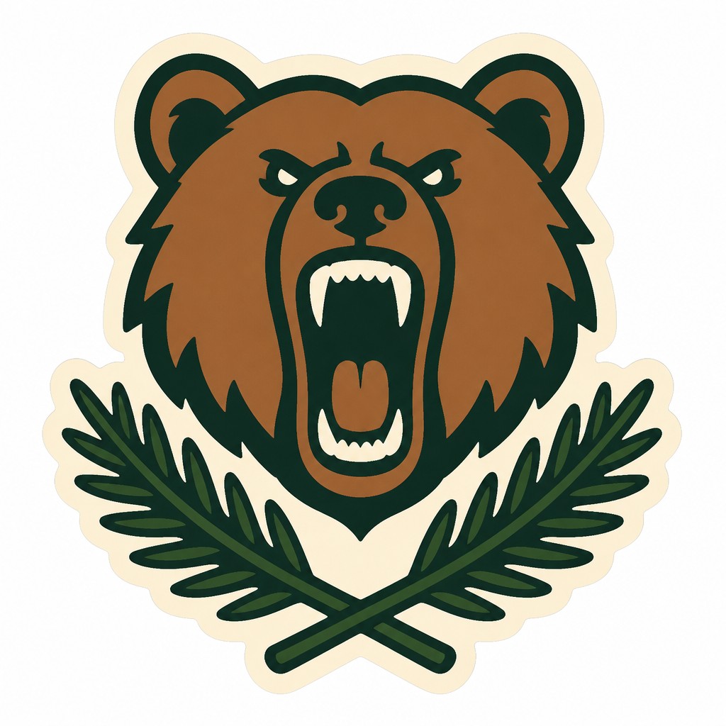 a roaring bear head above crossed pine branches, bold graphic composition on a plain background, no text — Minimalist Sticker Design t-shirt design