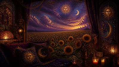 an endless field of sunflowers under summer clouds, no people — Whimsigoth Aesthetic wallpaper