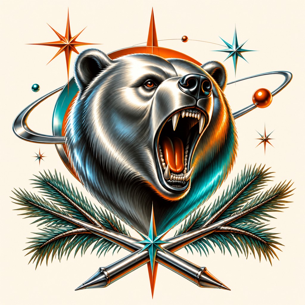 a roaring bear head above crossed pine branches, bold graphic composition on a plain background, no text — Retro Futurism Sci-Fi Art t-shirt design