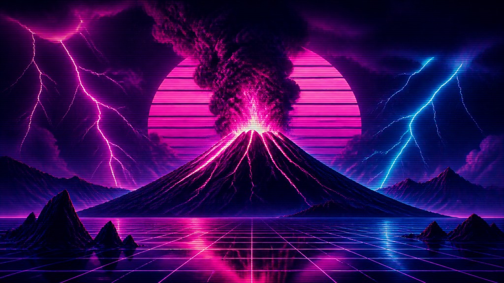 an erupting volcano with lightning strikes, dramatic wide composition, no text — Synthwave Aesthetic YouTube thumbnail