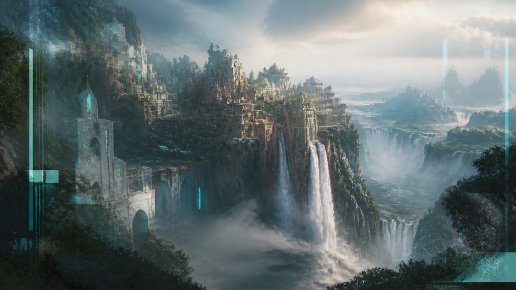 a cliffside city with waterfalls cascading into a misty canyon, wide establishing shot, no people, no text — Contemporary Digital Landscape Art Style concept art