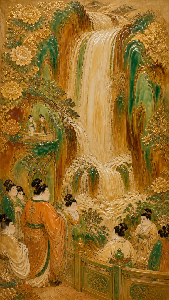 towering waterfall cascading down a cliff — Tang Dynasty Art Style