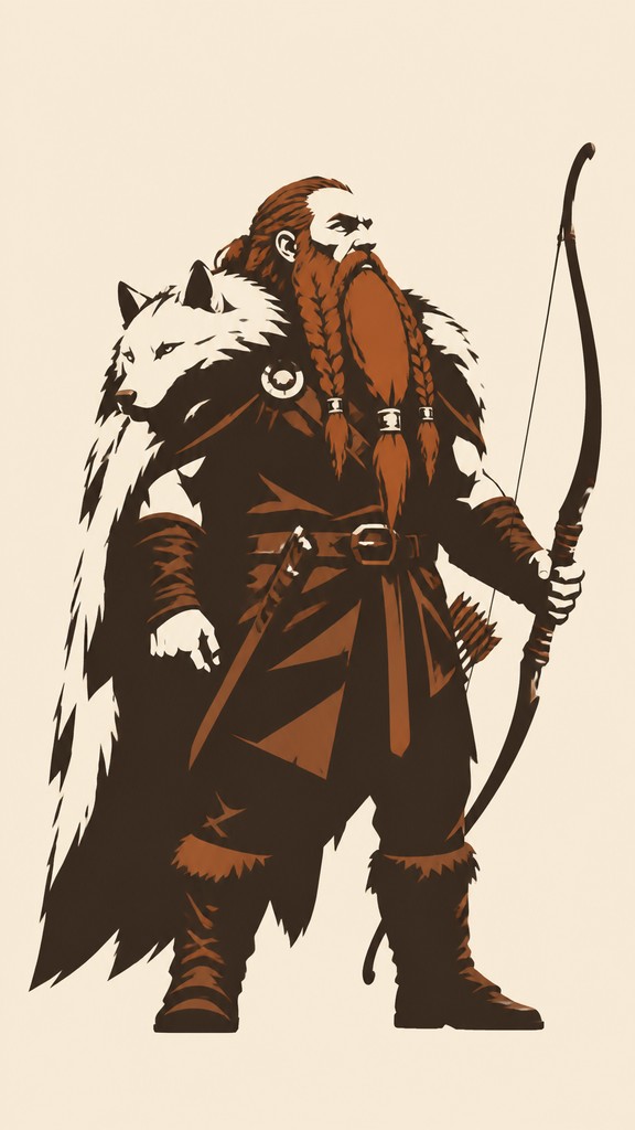 full-body original character: a dwarven ranger with a braided auburn beard, worn leather armor, a longbow and a wolf-pelt cloak, neutral background, no text — Minimalist Poster Design tabletop character portrait