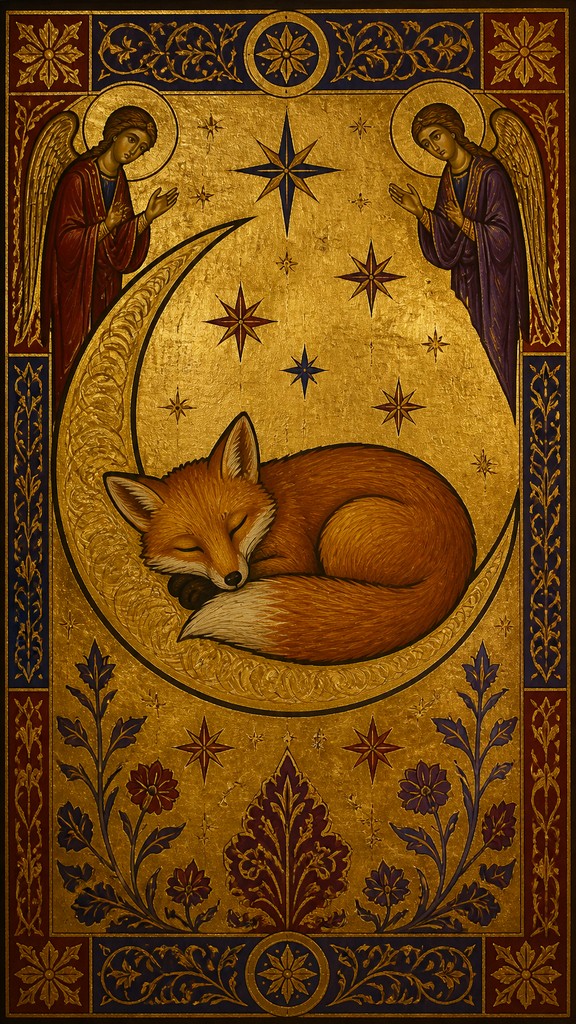 a sleeping baby fox curled on a crescent moon among soft stars, gentle and warm, no text — Byzantine Art Style baby announcement