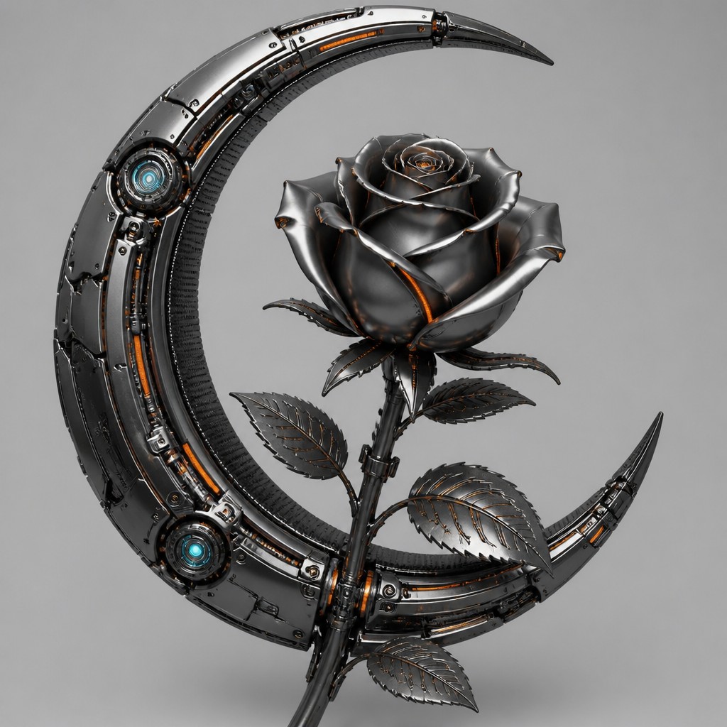 a rose entwined with a crescent moon, clean balanced composition on a plain background, no text — Hard Sci-Fi Art tattoo design