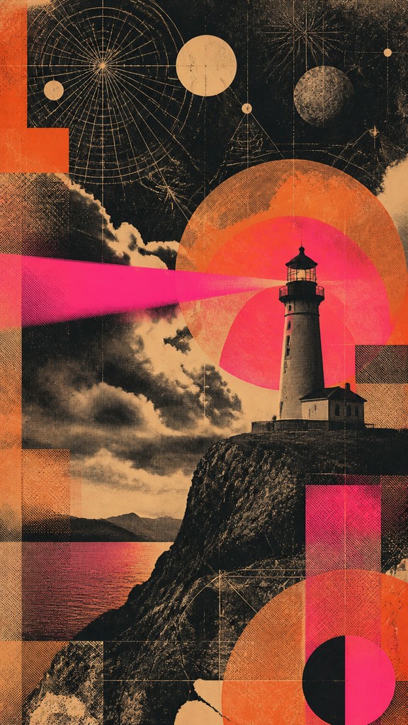 a lone lighthouse on a cliff at dusk under a dramatic sky, no text or lettering — Retro-Futuristic Pop Surrealism poster