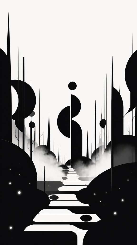 a mysterious forest path with fireflies and drifting mist, atmospheric vertical composition with open space at the top, no text — Typographic Minimalism Art Style book cover