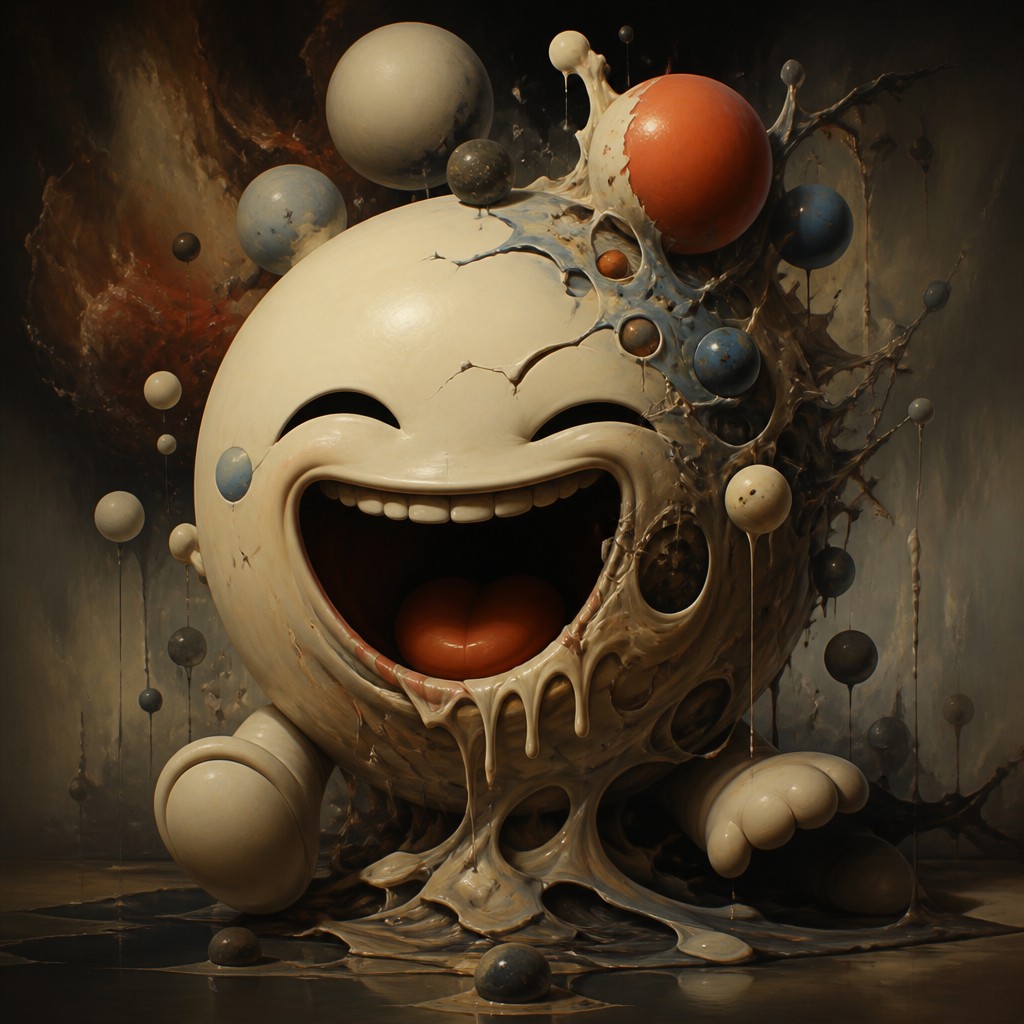 an exaggerated laughing face of an original round mascot character, bold and readable at small size, plain background, no text — Surrealism Art Style Twitch emote