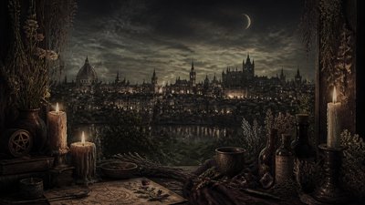 a city skyline panorama at dusk with glowing windows, no people — Witchcore Aesthetic wallpaper