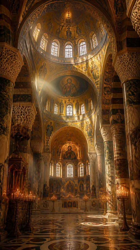 a mysterious forest path with fireflies and drifting mist, atmospheric vertical composition with open space at the top, no text — Byzantine Architecture book cover