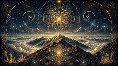 a wide alpine ridge above a sea of clouds, no people — Sacred Geometric Art wallpaper