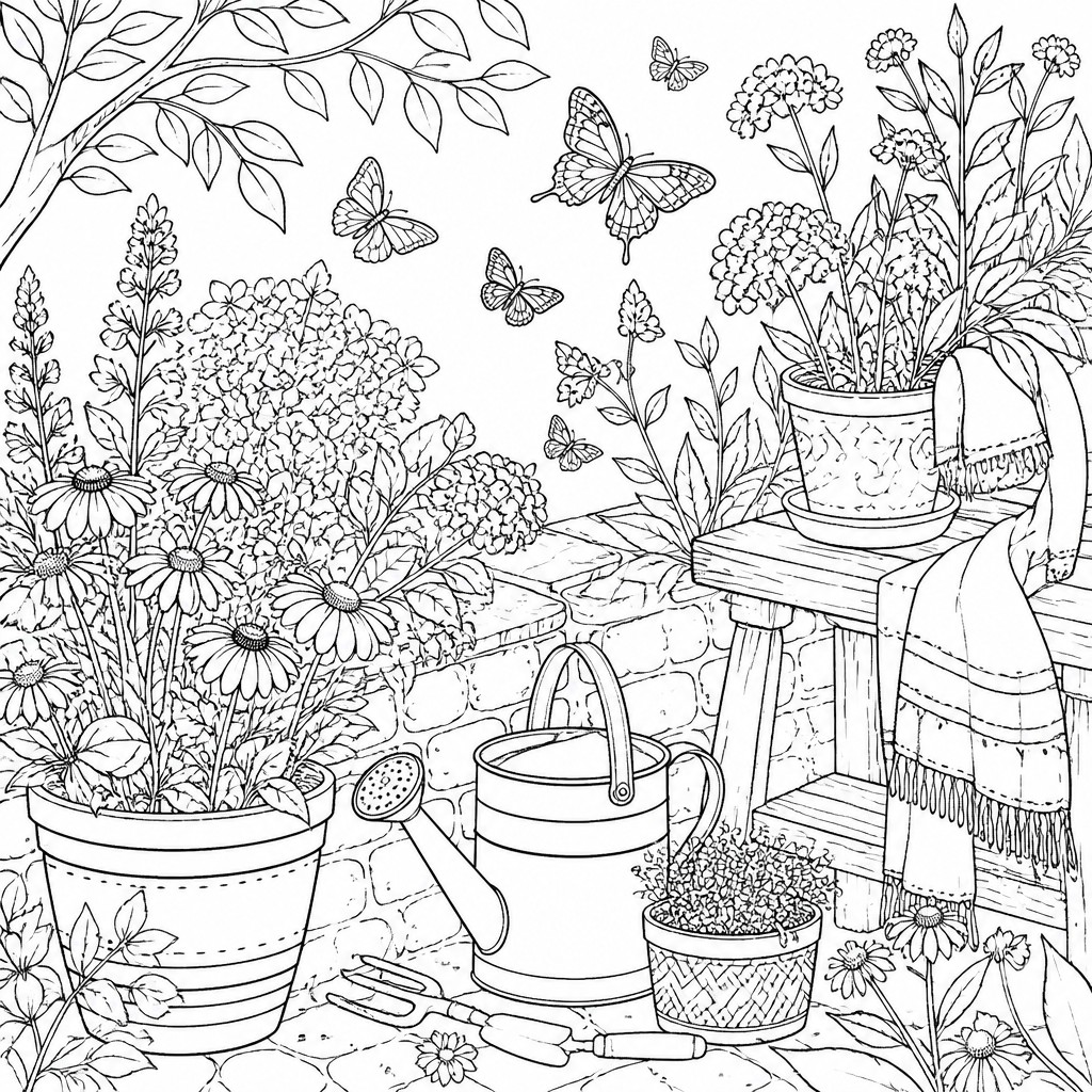 a garden scene with butterflies, flowers and a watering can, clean uncolored line art, no text — Eclectic Interior Design coloring page