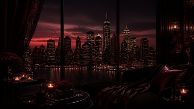 a city skyline panorama at dusk with glowing windows, no people — Dark Feminine Aesthetic wallpaper