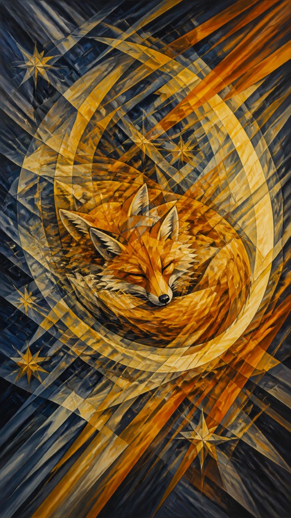 a sleeping baby fox curled on a crescent moon among soft stars, gentle and warm, no text — Futurism Art Style baby announcement