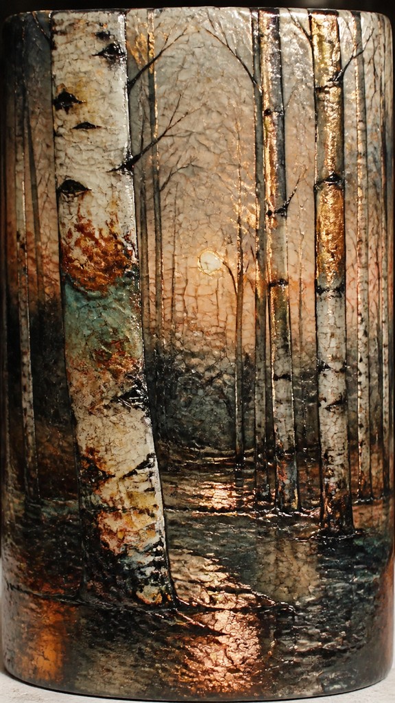 a serene birch forest in soft morning light, no people, no text — Japanese Raku Ceramic Art Style wall art print