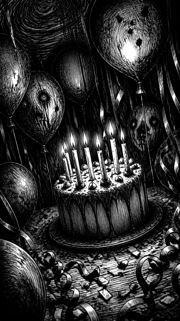 a birthday cake with lit candles surrounded by balloons and confetti, festive vertical composition, no text — Horror Manga Art Style birthday card