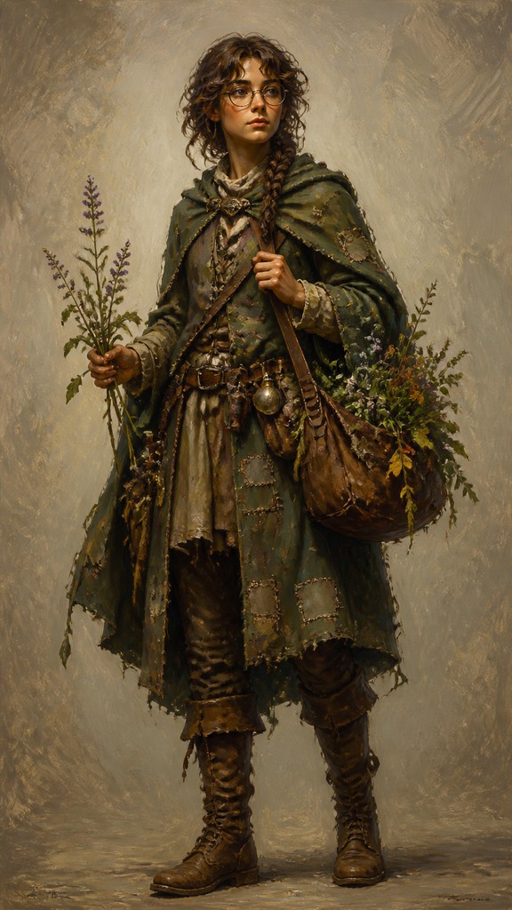full-body original character: a wandering botanist with a satchel of plants, a patched green cloak, tall boots and round glasses, neutral background — Oil Portrait Art Style character design