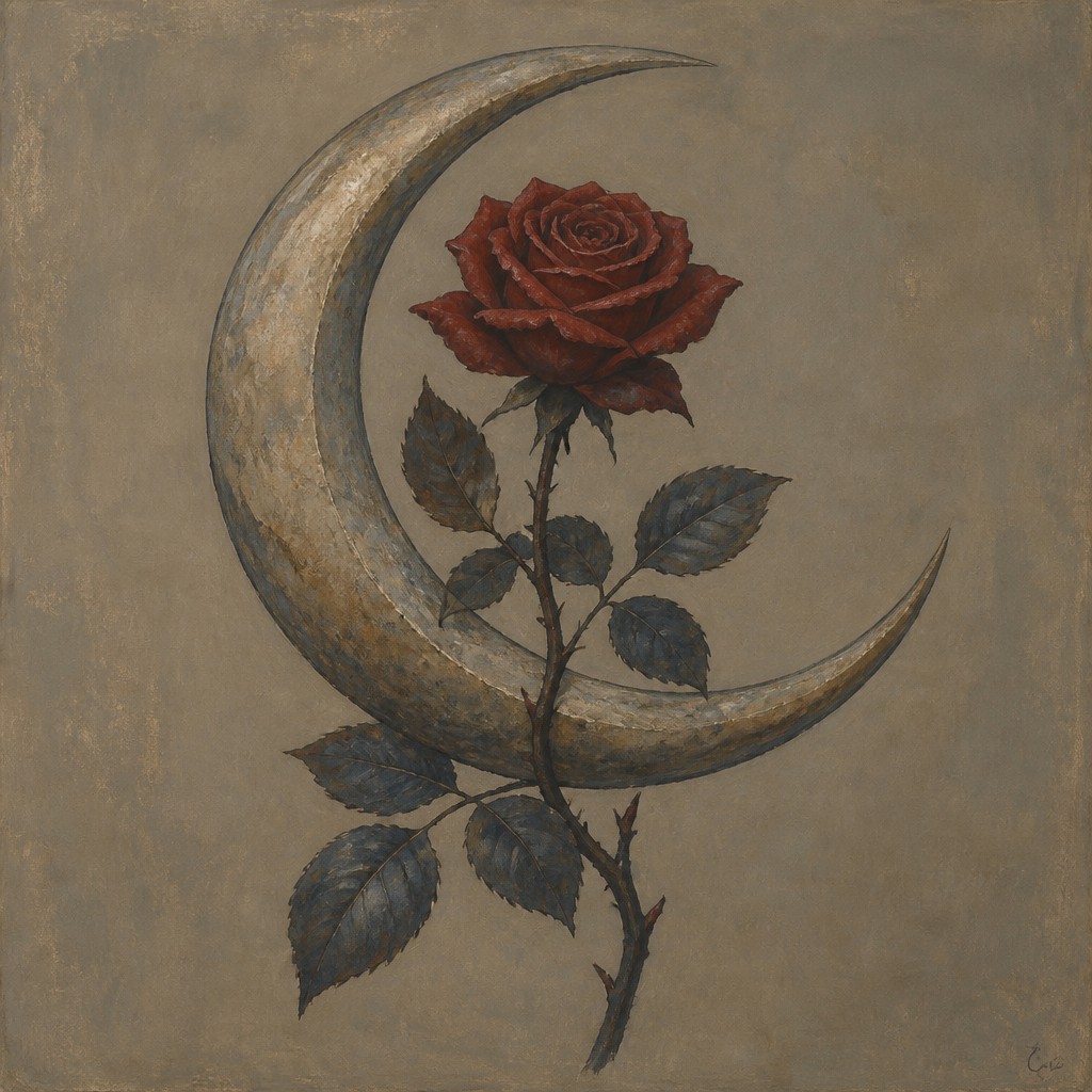 a rose entwined with a crescent moon, clean balanced composition on a plain background, no text — Social Realist Figurative Art Style tattoo design