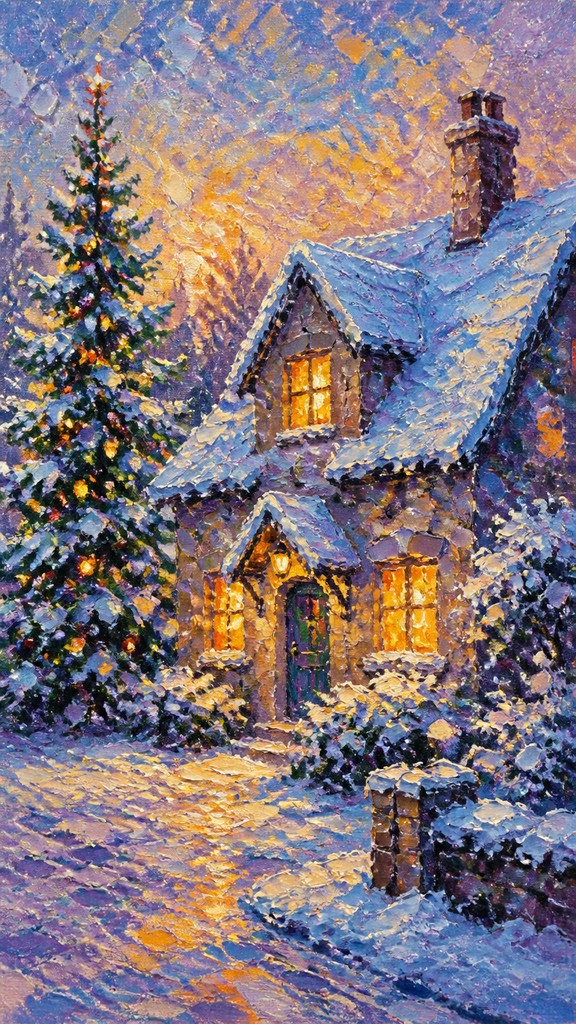 a snow-covered cottage with warm glowing windows beside a decorated pine tree, gentle snowfall, no text — Impressionist Still Life Art Style Christmas card