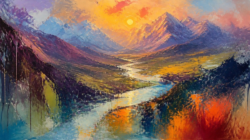 a vast valley with a river winding toward distant mountains at sunrise, no people, no text — Abstract Expressionist Modern Art Style desktop wallpaper